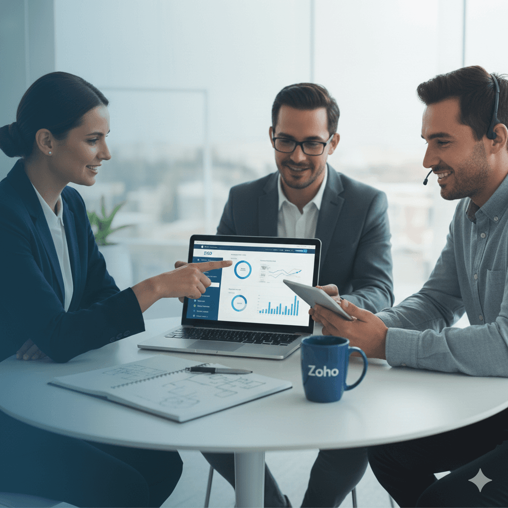 Team collaborating on Zoho implementation strategy